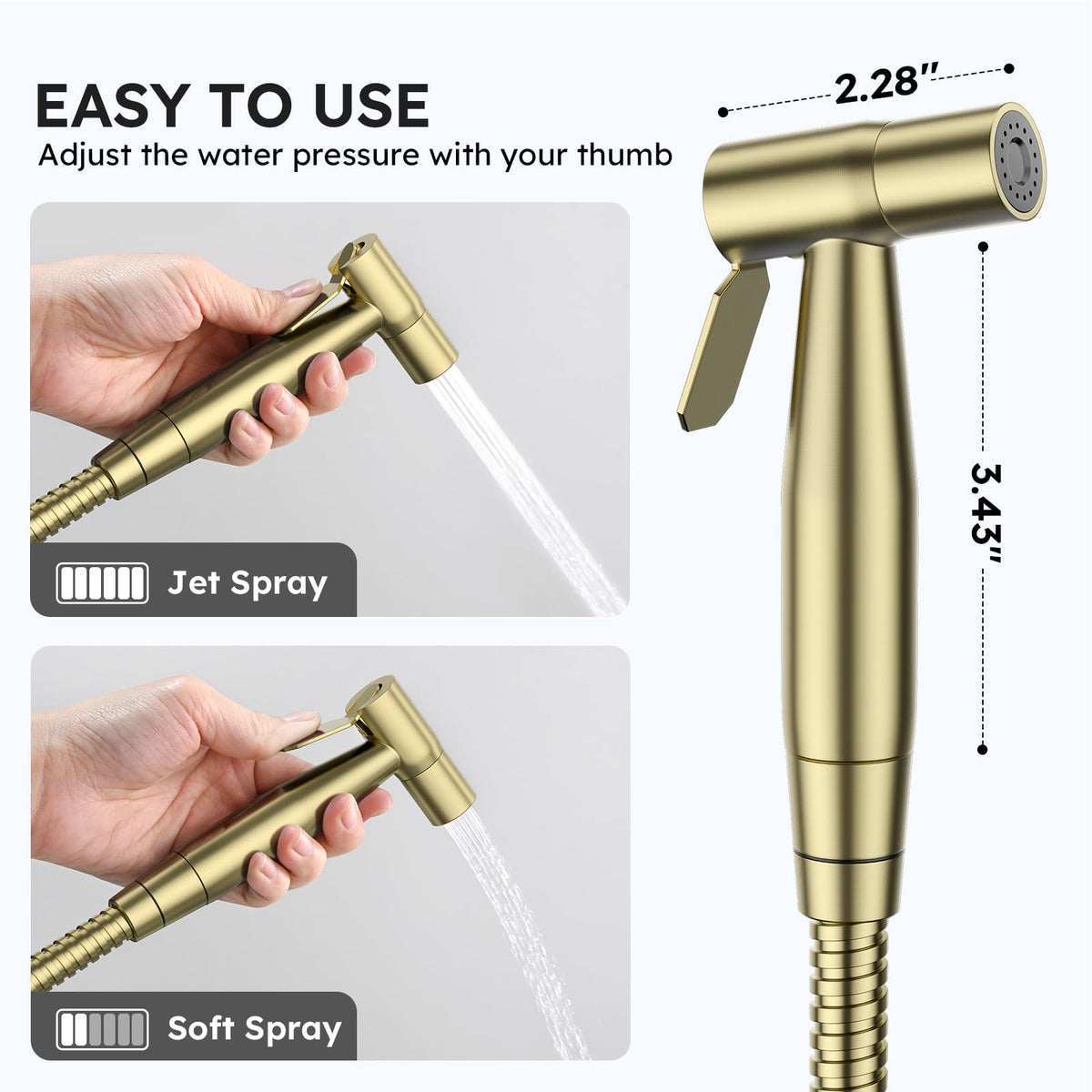 Arofa Gold bidet hose in stainless steel, durable for daily cleaning tasks.