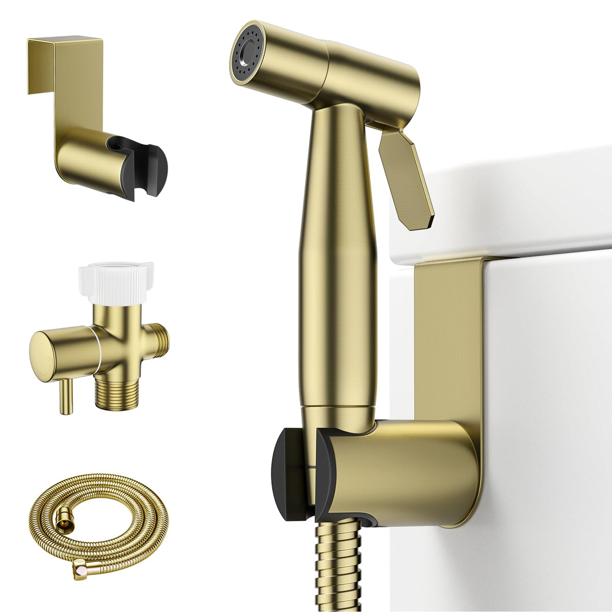Arofa Gold handheld bidet sprayer in stainless steel, ideal for gentle personal cleansing.