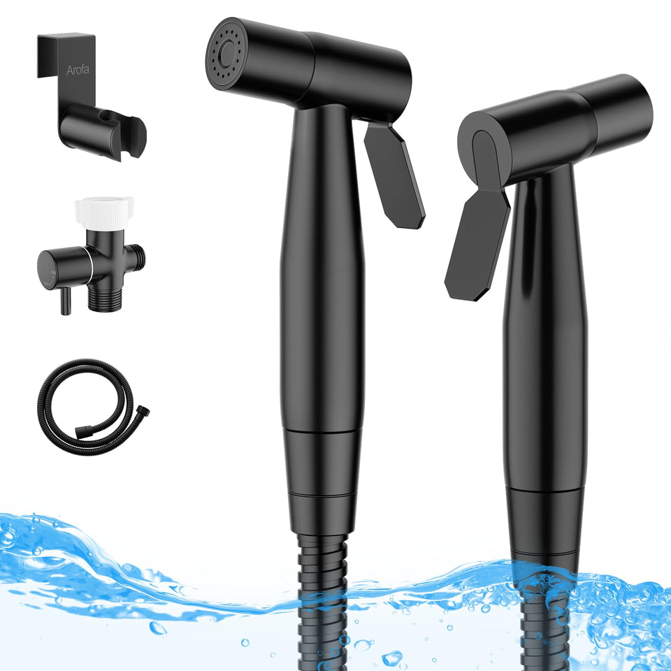 Arofa handheld bidet sprayer in brushed nickel for precise toilet cleaning and feminine wash.