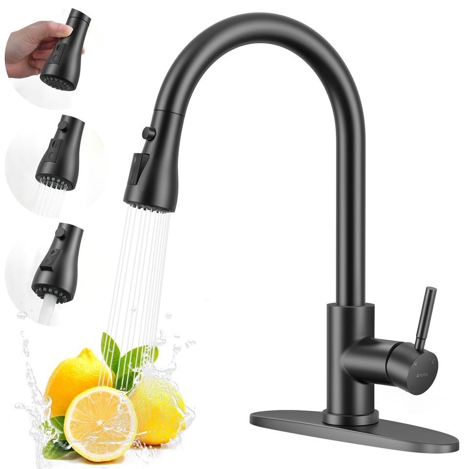 Arofa matte black kitchen faucet with pull-down sprayer for easy rinsing.