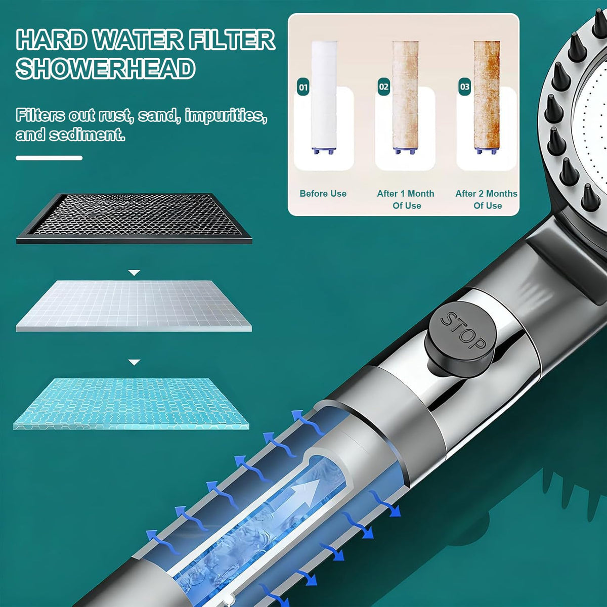 ARognsbo handheld shower head with 59-inch hose for flexible reach.