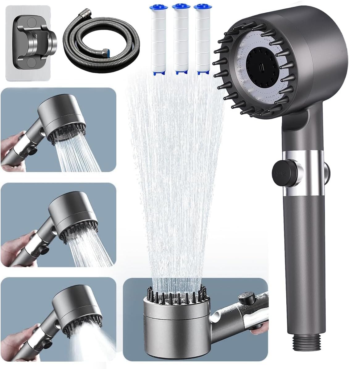 ARognsbo high pressure shower head with four filters for softer skin and shinier hair.