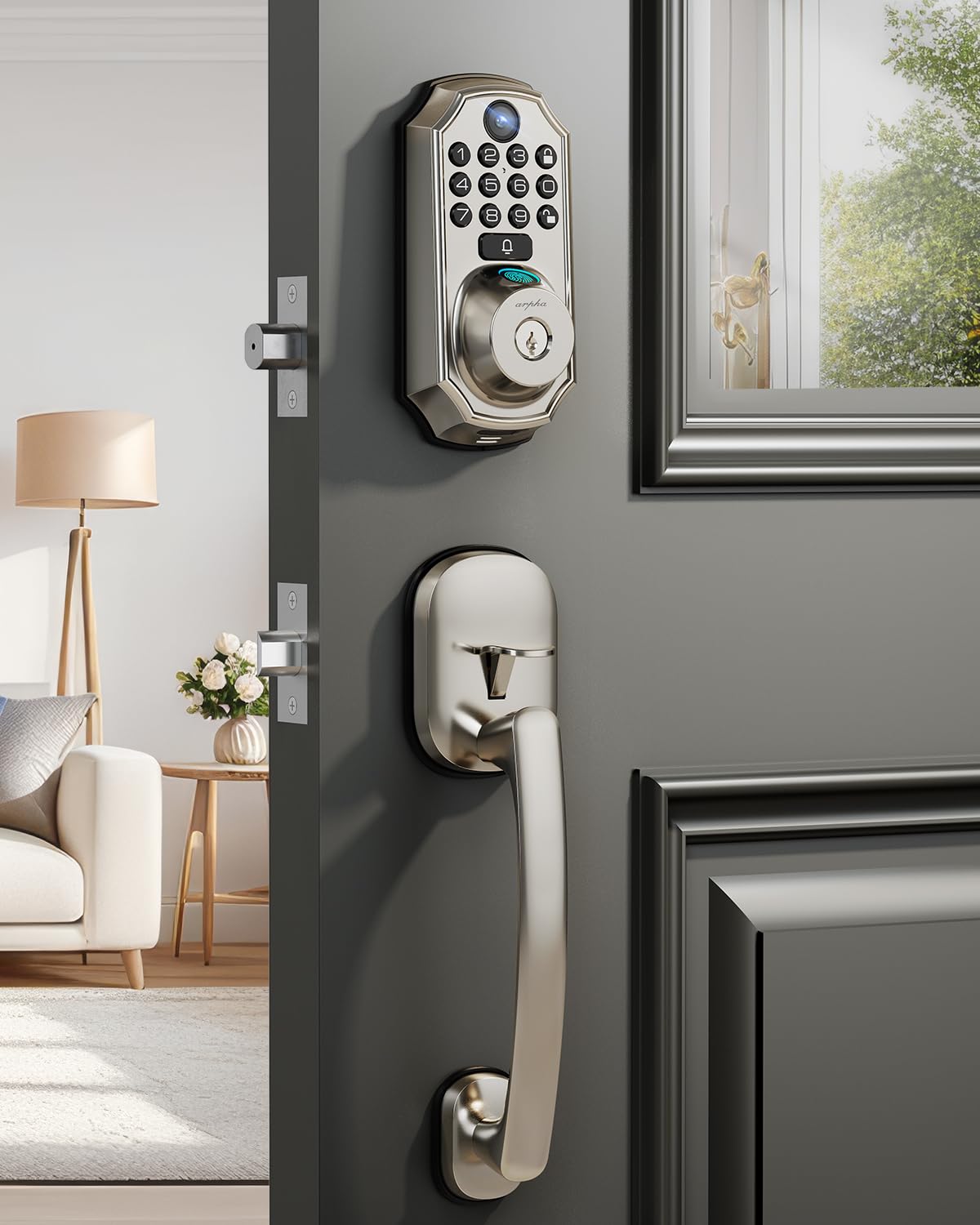 ARPHA WiFi Smart Lock with Camera front view for real-time monitoring.