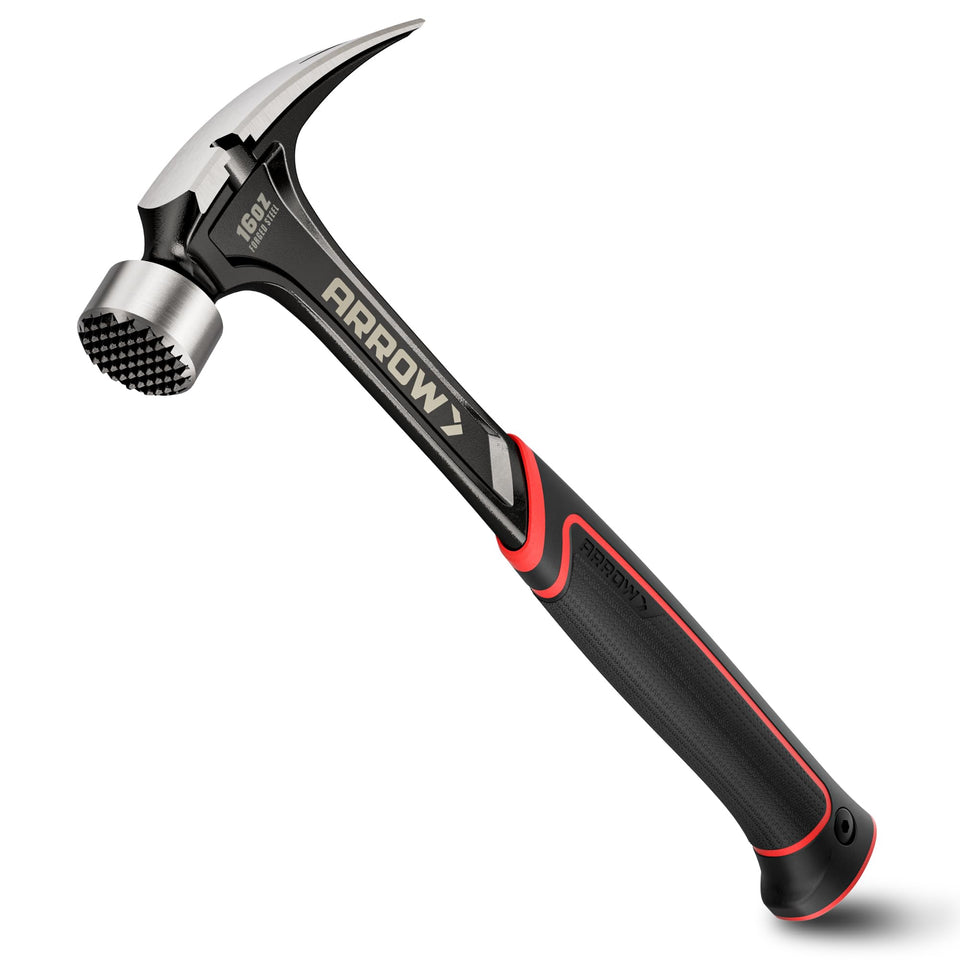 Arrow Fastener 16 oz straight claw hammer front view with milled face for secure nail hits.