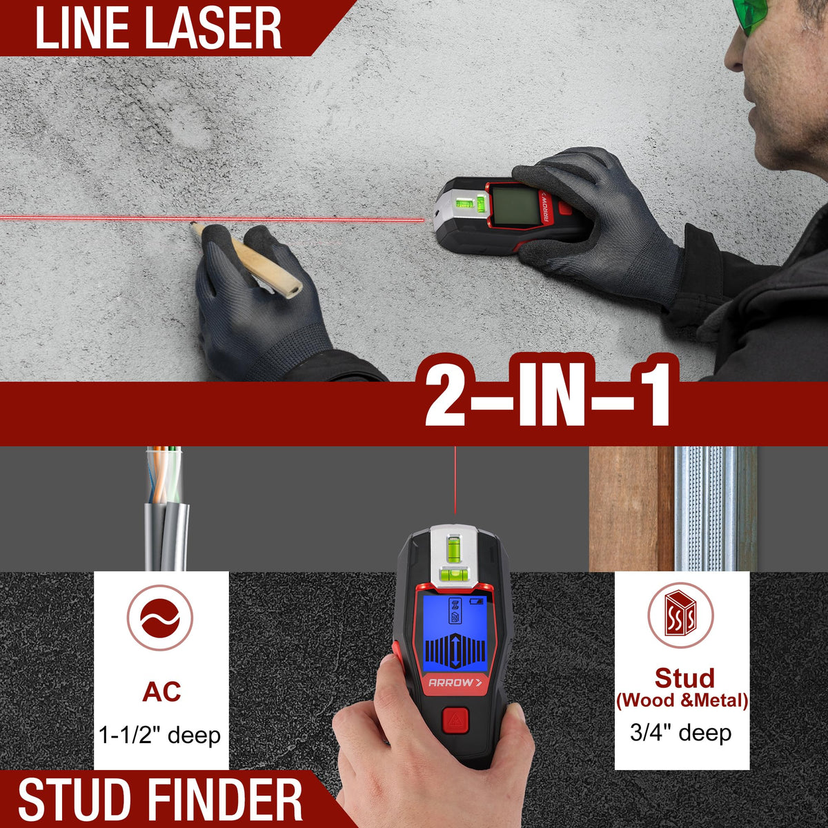 ARROW 2-in-1 detection mode display clarifies studs and wires