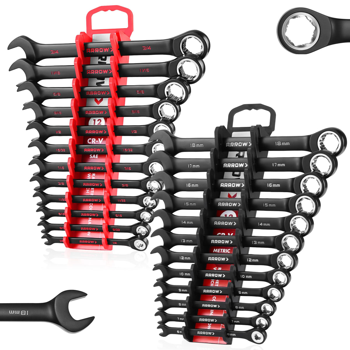 Arrow Fastener 24PCS ratcheting wrench set with magnetic holders for organized auto repairs.