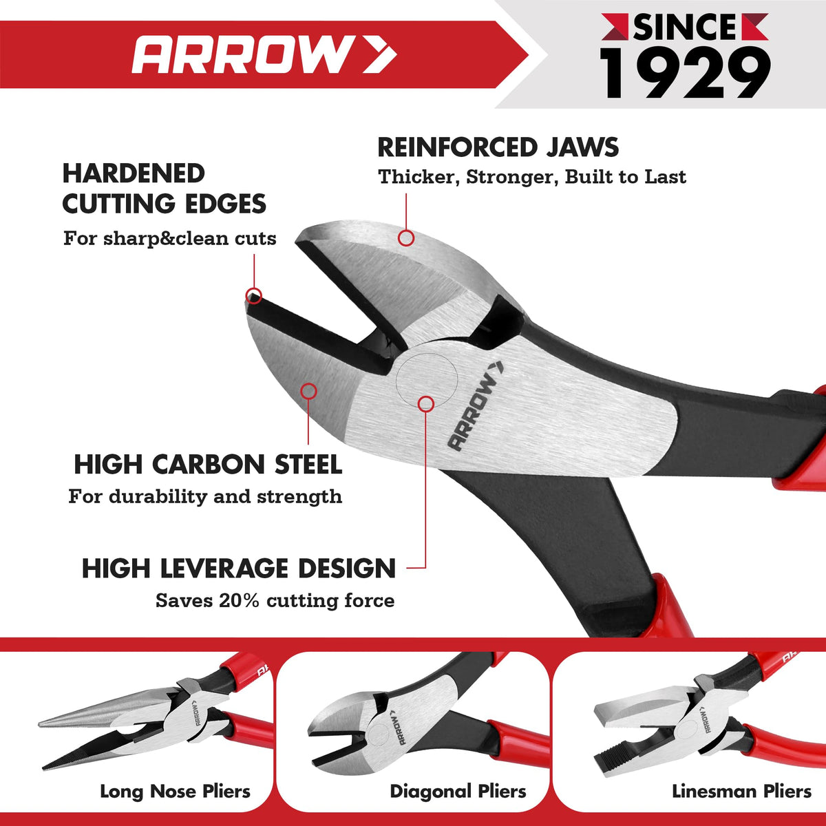 Arrow Fastener 3Pcs Pliers Set hardened-edges for durable, sharp cuts.