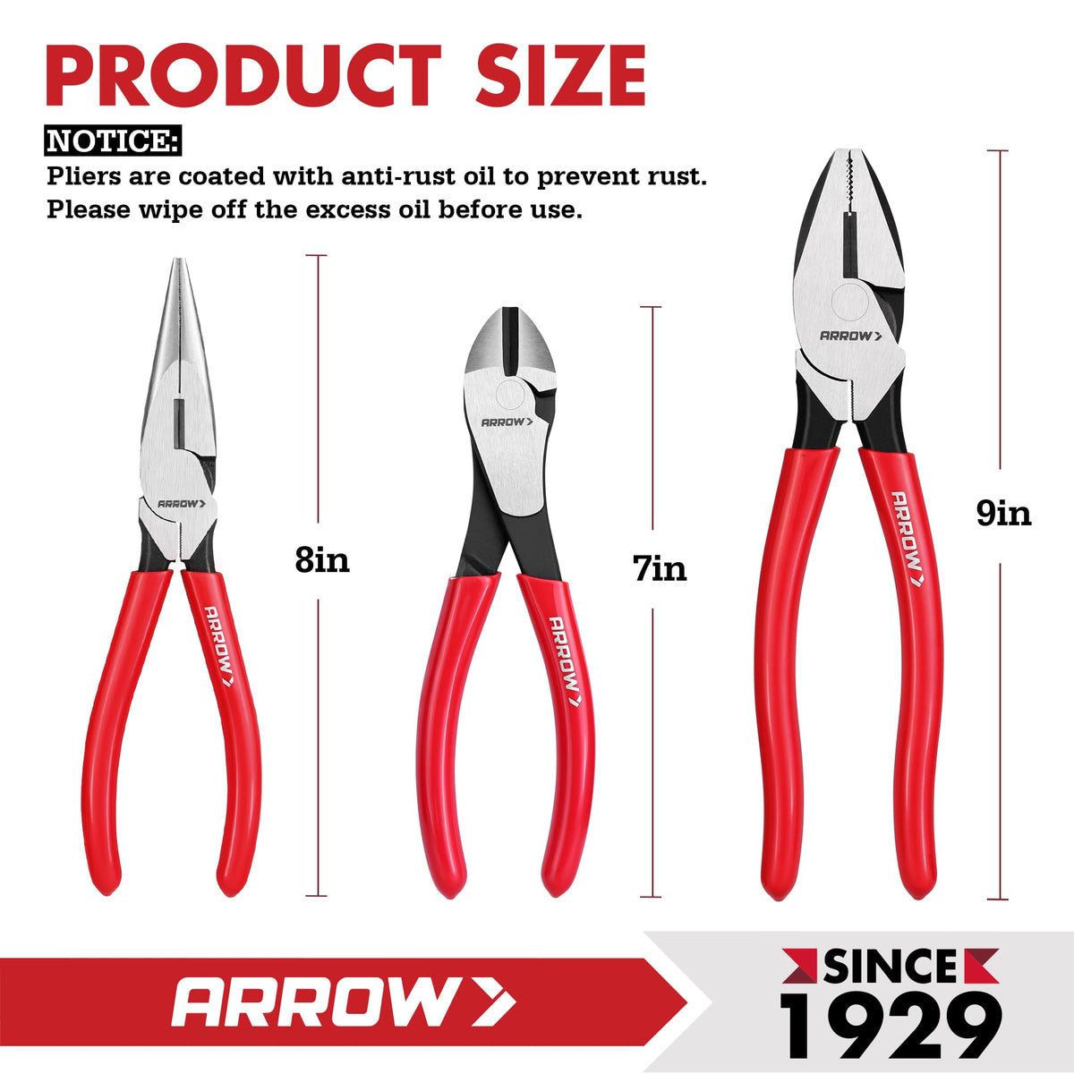Arrow Fastener 3Pcs Pliers Set lineman-8in sturdy grip for tougher materials.