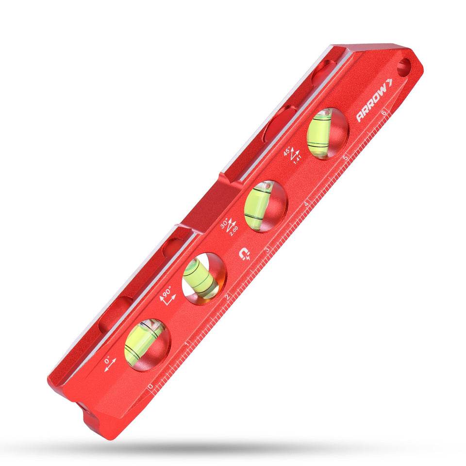 ARROW 8-inch torpedo level with magnetic grip on metal surface for secure placement