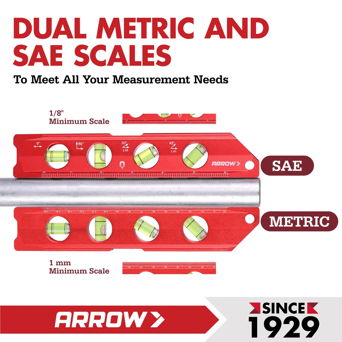 ARROW level showing 0°, 30°, 45°, and 90° vials for precise angles