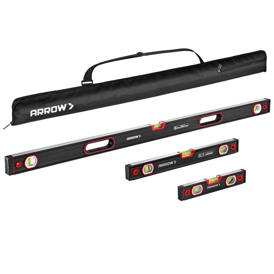 Arrow Fastener 9-inch torpedo level with high-visibility bubbles for quick pipe readings.