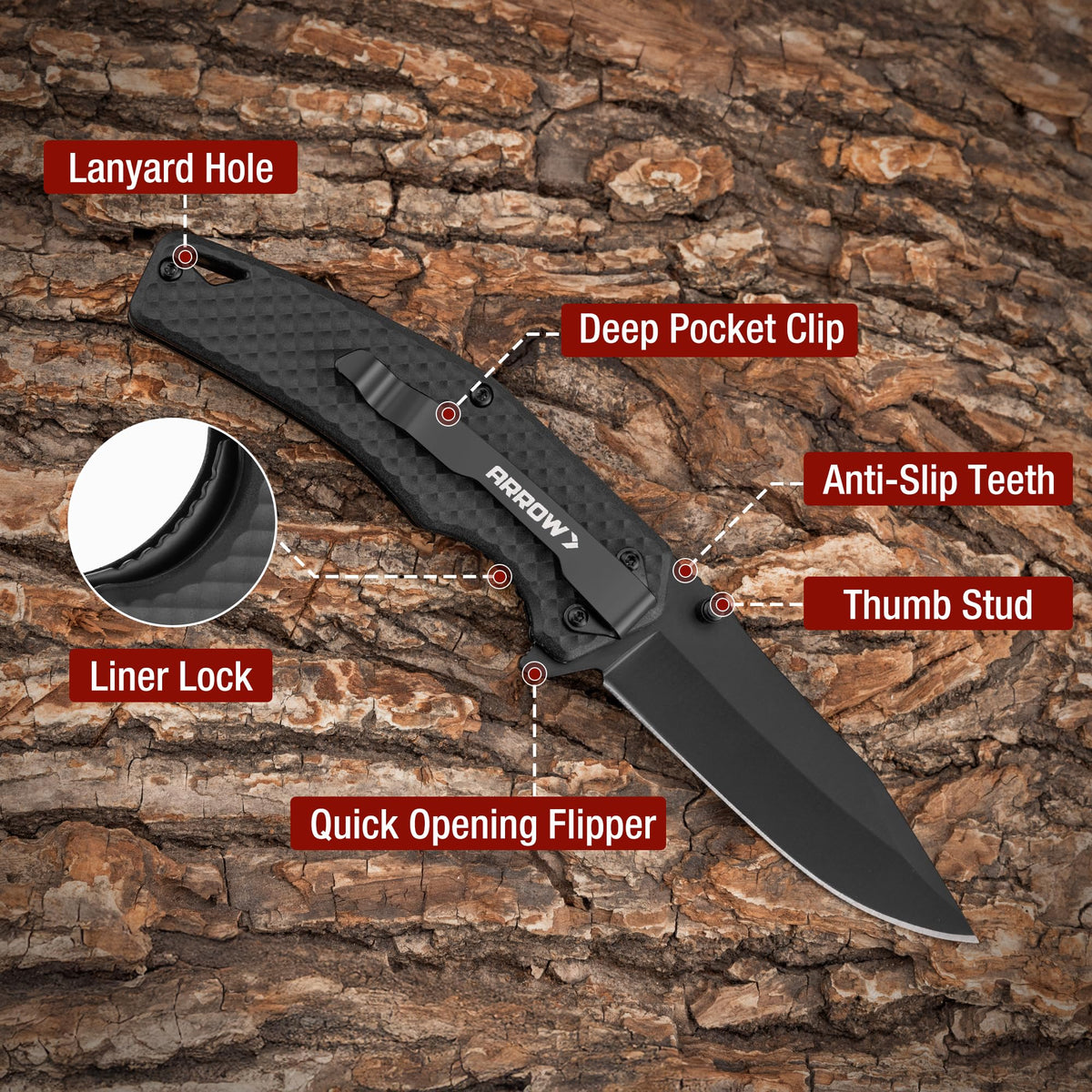 Arrow Fastener ARROW 3.5 folding knife flipper and thumb stud for quick access