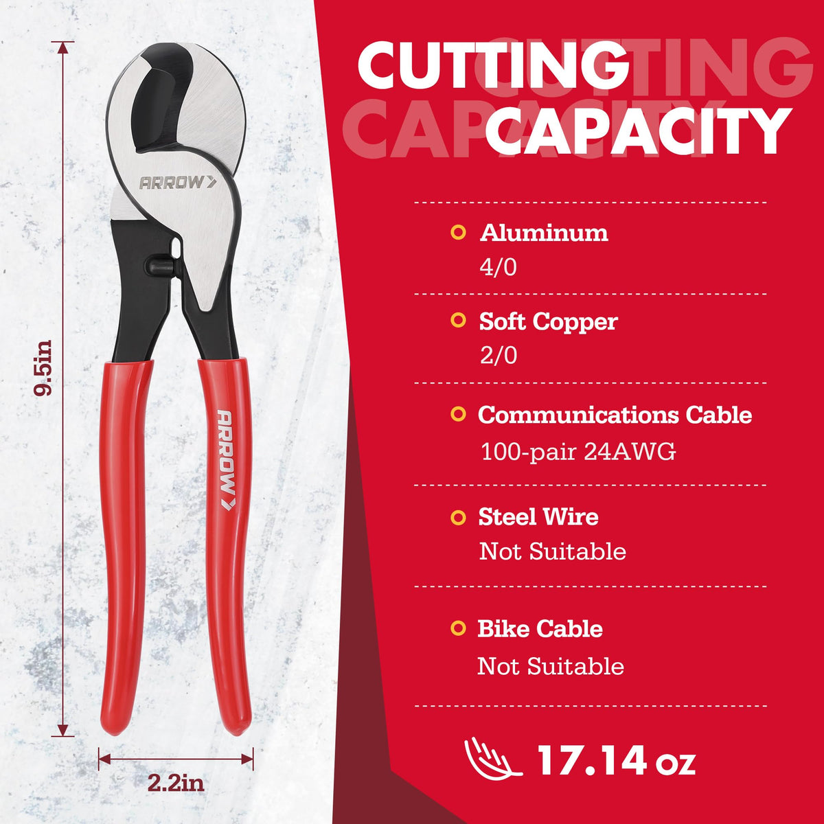 Arrow Fastener cutter 100PR 24AWG cable handles fine wires with accuracy.