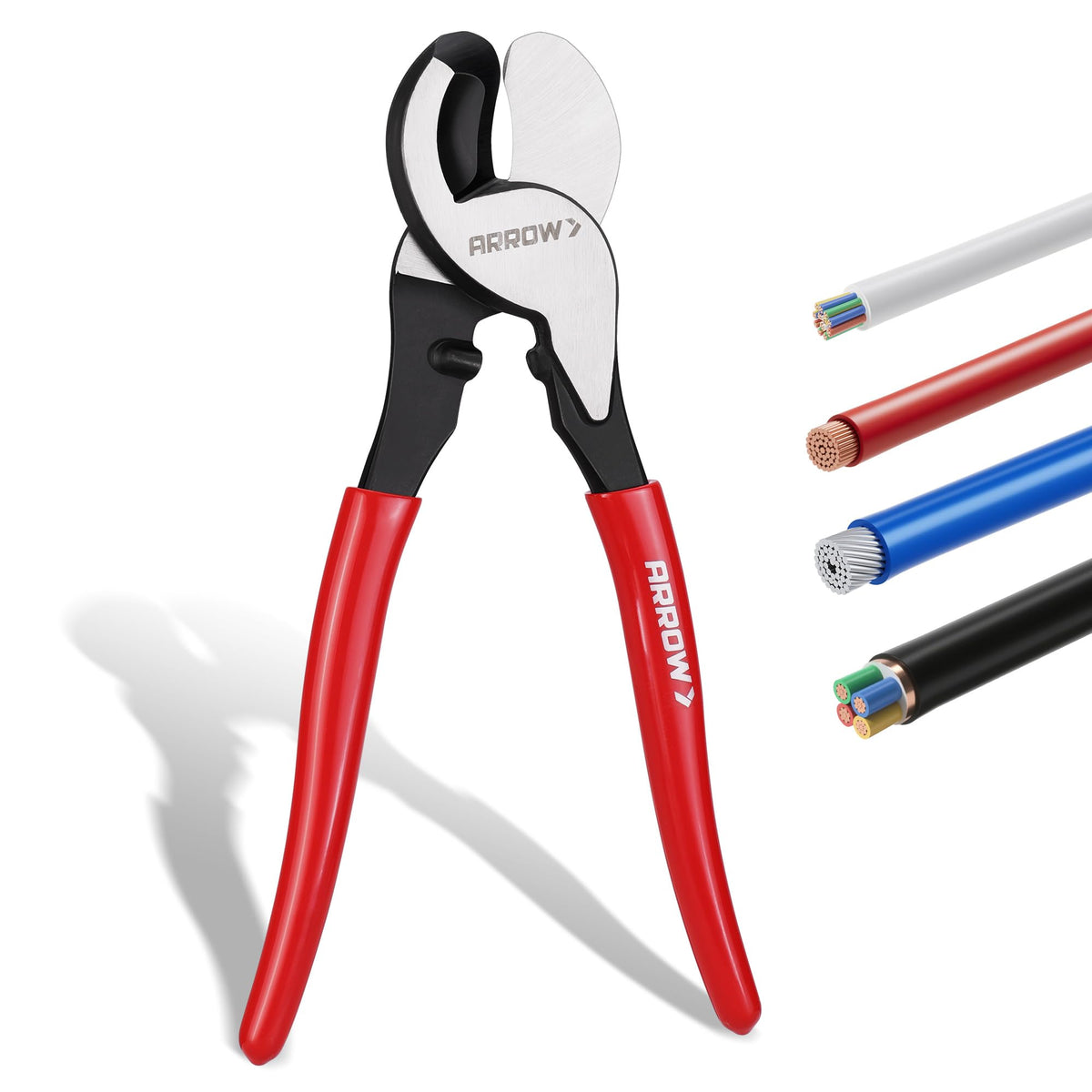 Arrow Fastener cable cutter high-leverage blade enables clean cuts in thick cables.