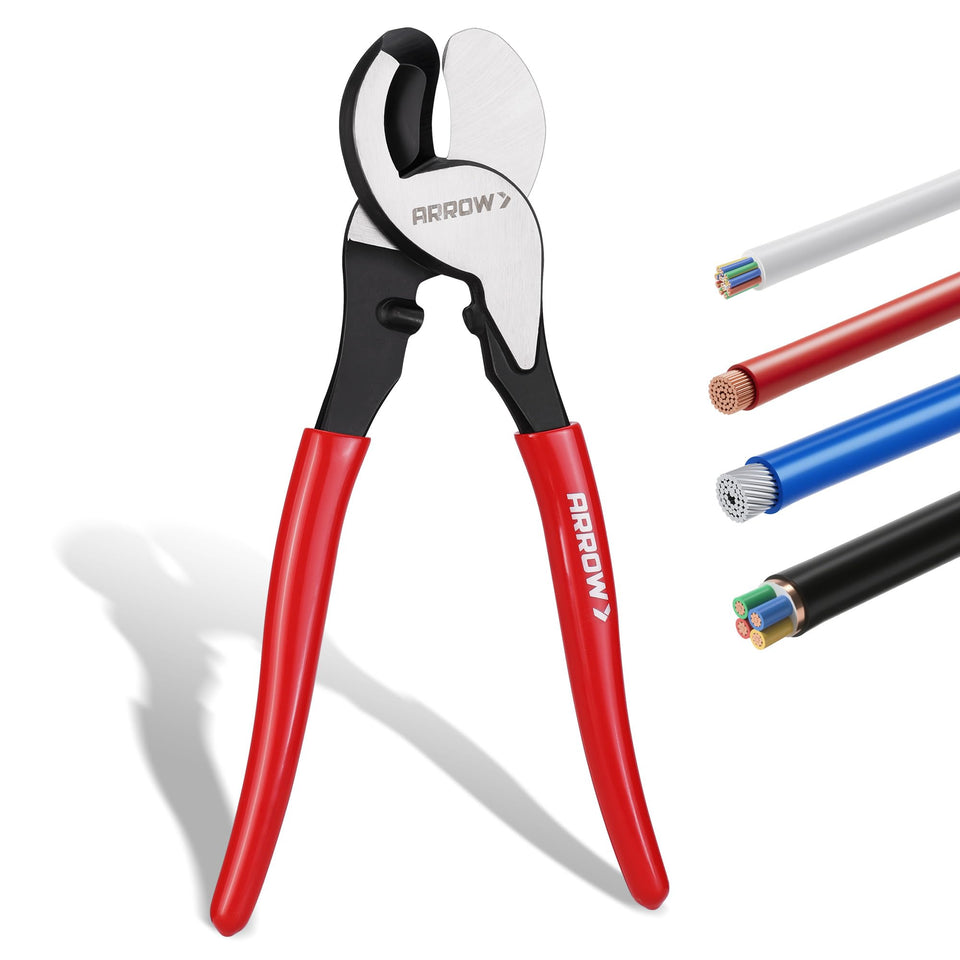 Arrow Fastener cable cutter high-leverage blade enables clean cuts in thick cables.