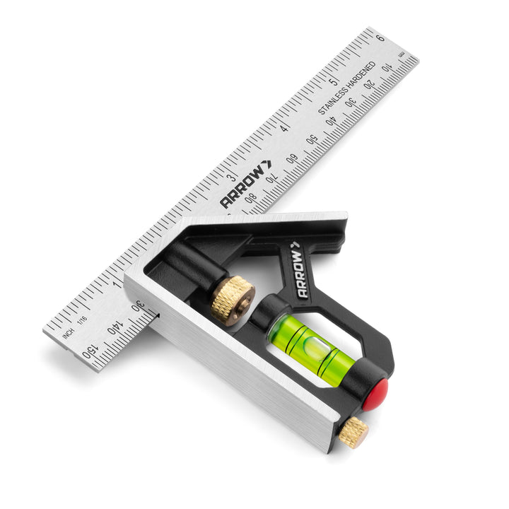 Arrow Fastener combination square 6-inch shows precise 90-degree and 45-degree marks for layouts.