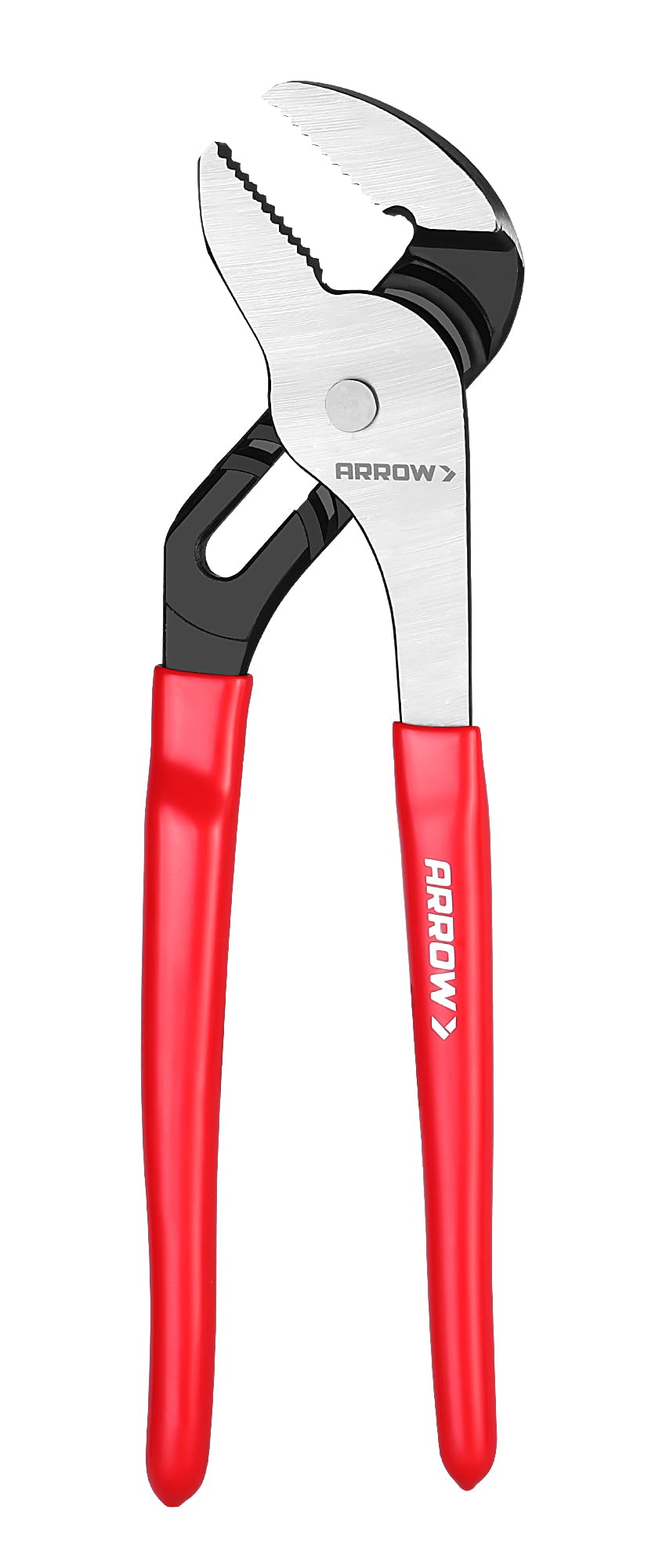 Arrow Fastener Groove Joint Pliers with serrated jaws for secure grip on pipes and fasteners.