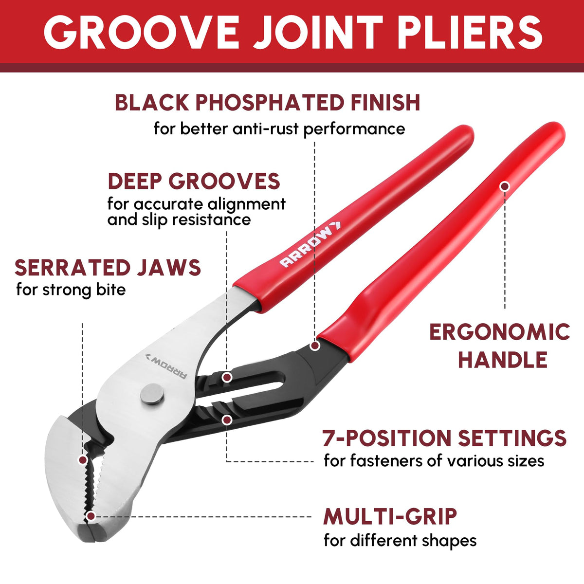 Arrow Fastener pliers feature 7-position adjustments for precise grip.
