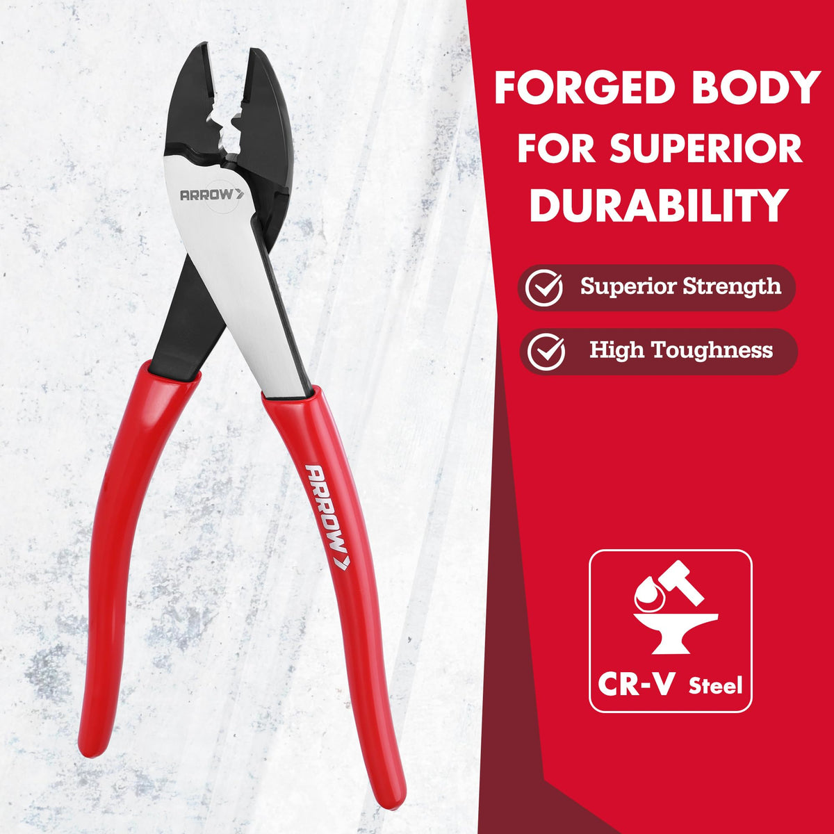 Arrow Fastener high-leverage design reduces effort and makes crimping easier in tight spaces.