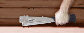 Arrow Fastener HT55BL hammer tacker rear-load magazine for quick one-handed reloading in tight spaces.