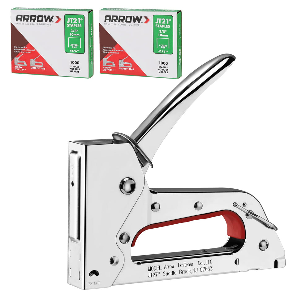 Arrow Fastener JT27 stapler in chrome finish ready for light-duty tasks, quick fixes.