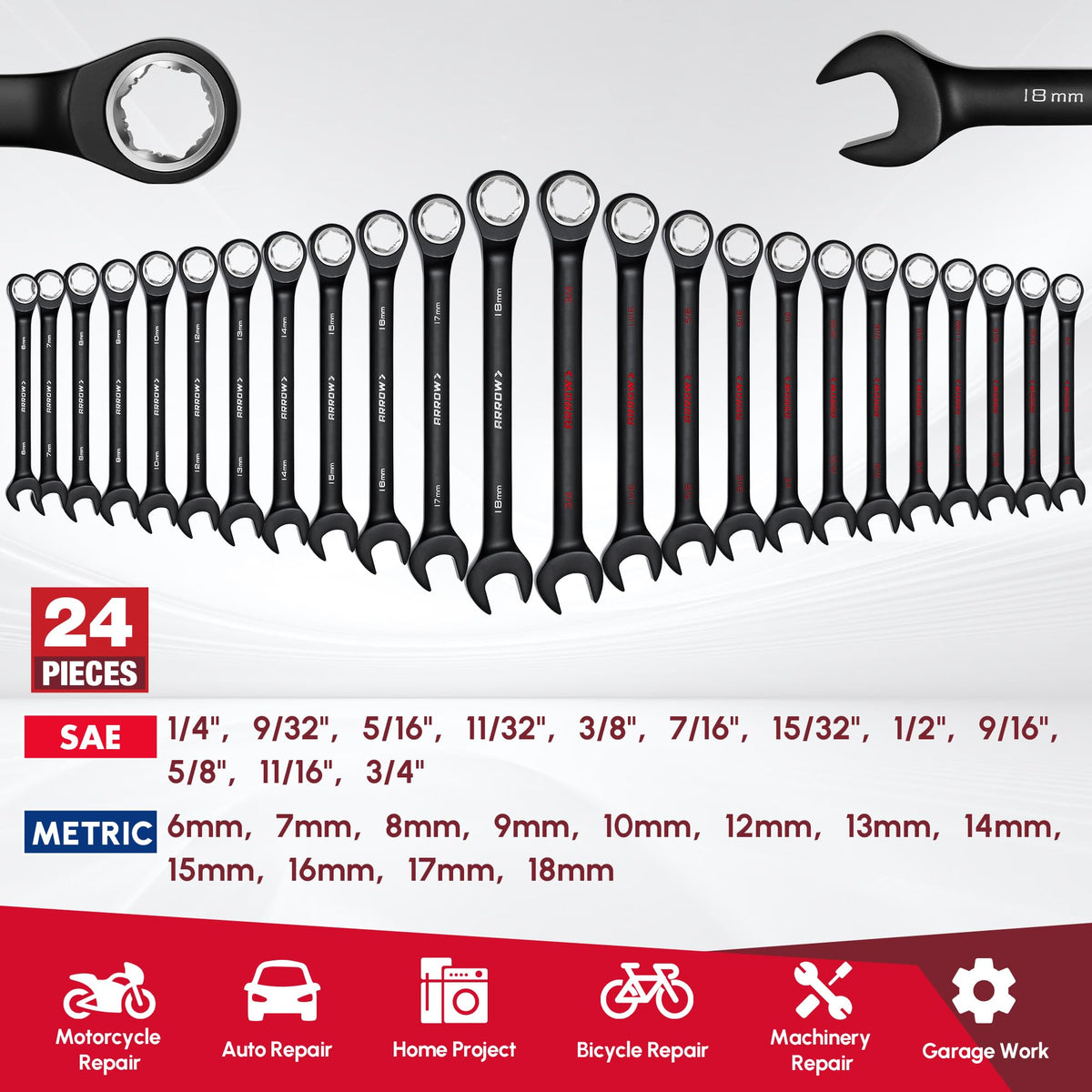 Laser-etched size markings on Arrow Fastener wrenches for quick identification.