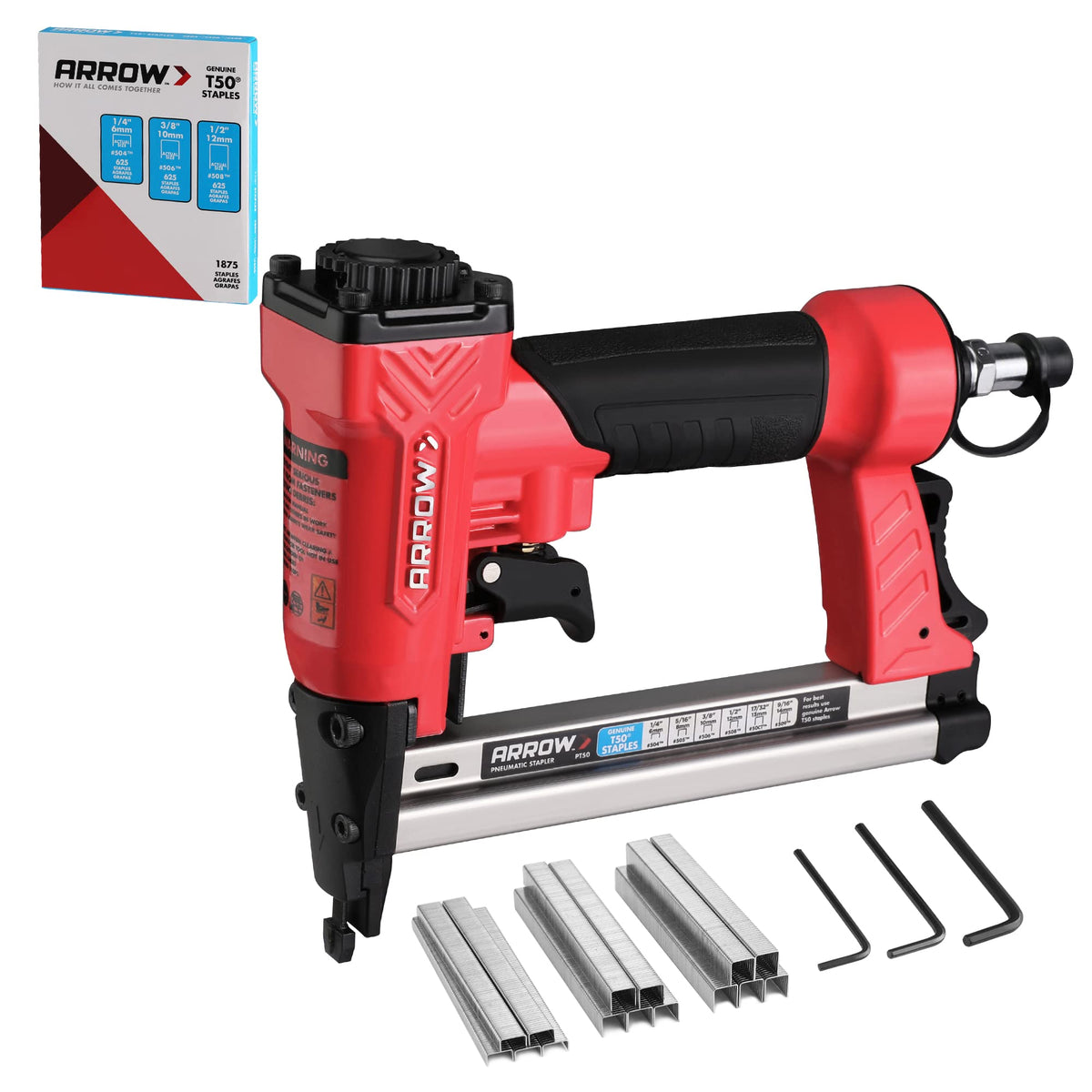 Arrow Fastener PT50 stapler side view showing compact design for precise fastening