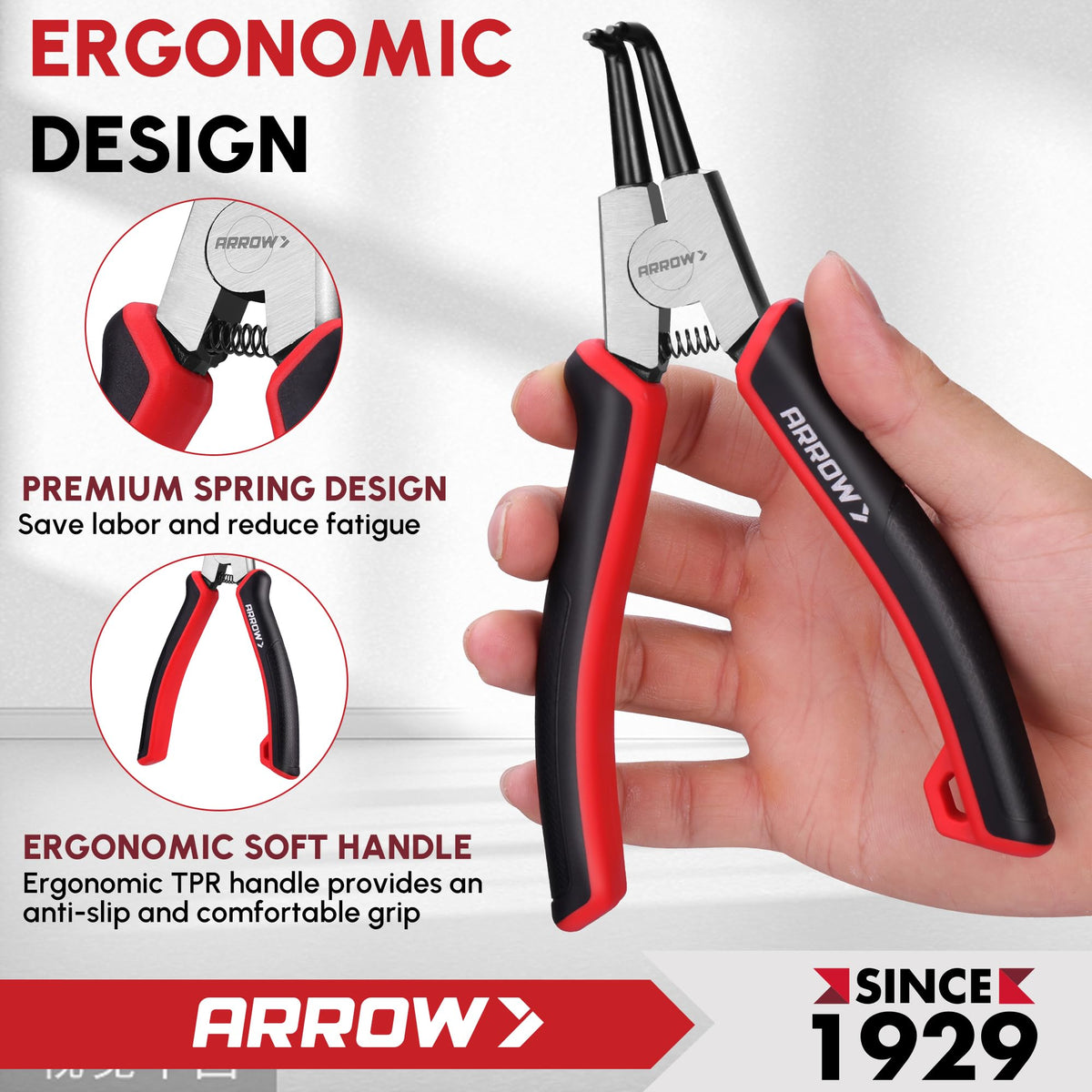 ARROW Spring-loaded circlip pliers enable one-handed operation