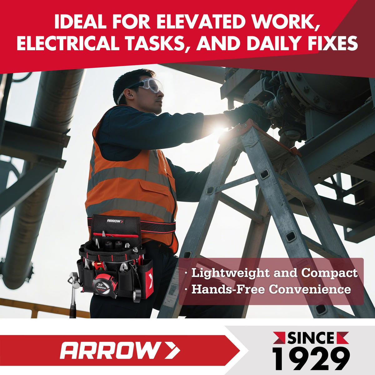 Arrow Fastener tool belt ideal for electricians, carpenters, and DIY projects.