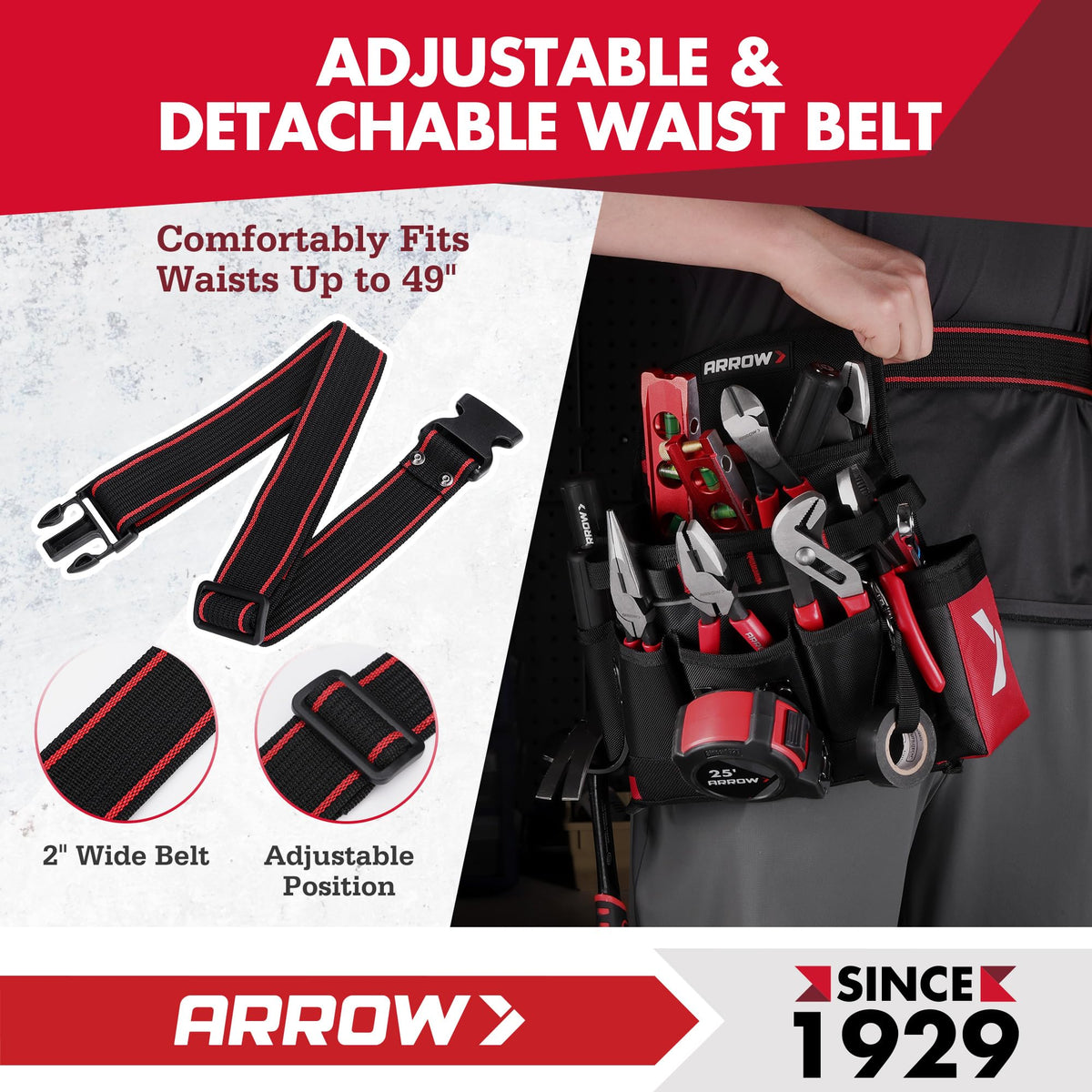Arrow Fastener tool belt tape measure clip secures quick-access tools.