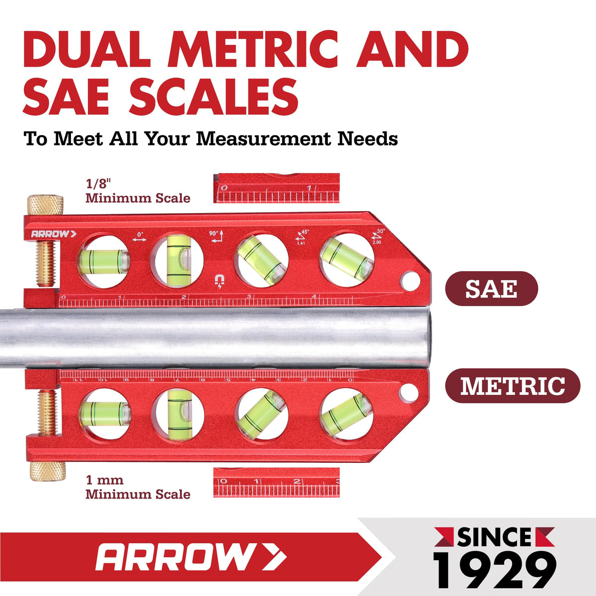 Arrow Fastener torpedo level brass thumb screw for quick adjustments.