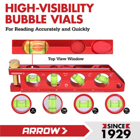 Arrow Fastener torpedo level high-visibility bubbles for clear readings.