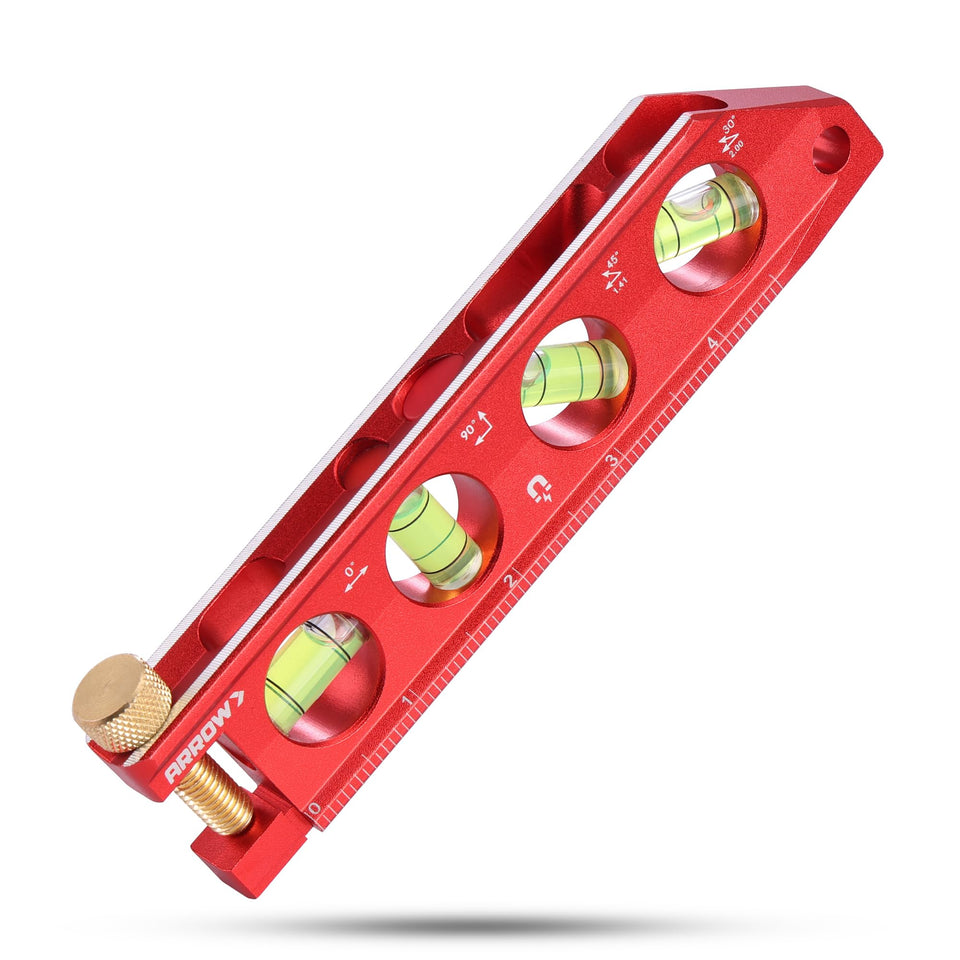 Arrow Fastener torpedo level with magnetic grip for secure measurements on steel surfaces.