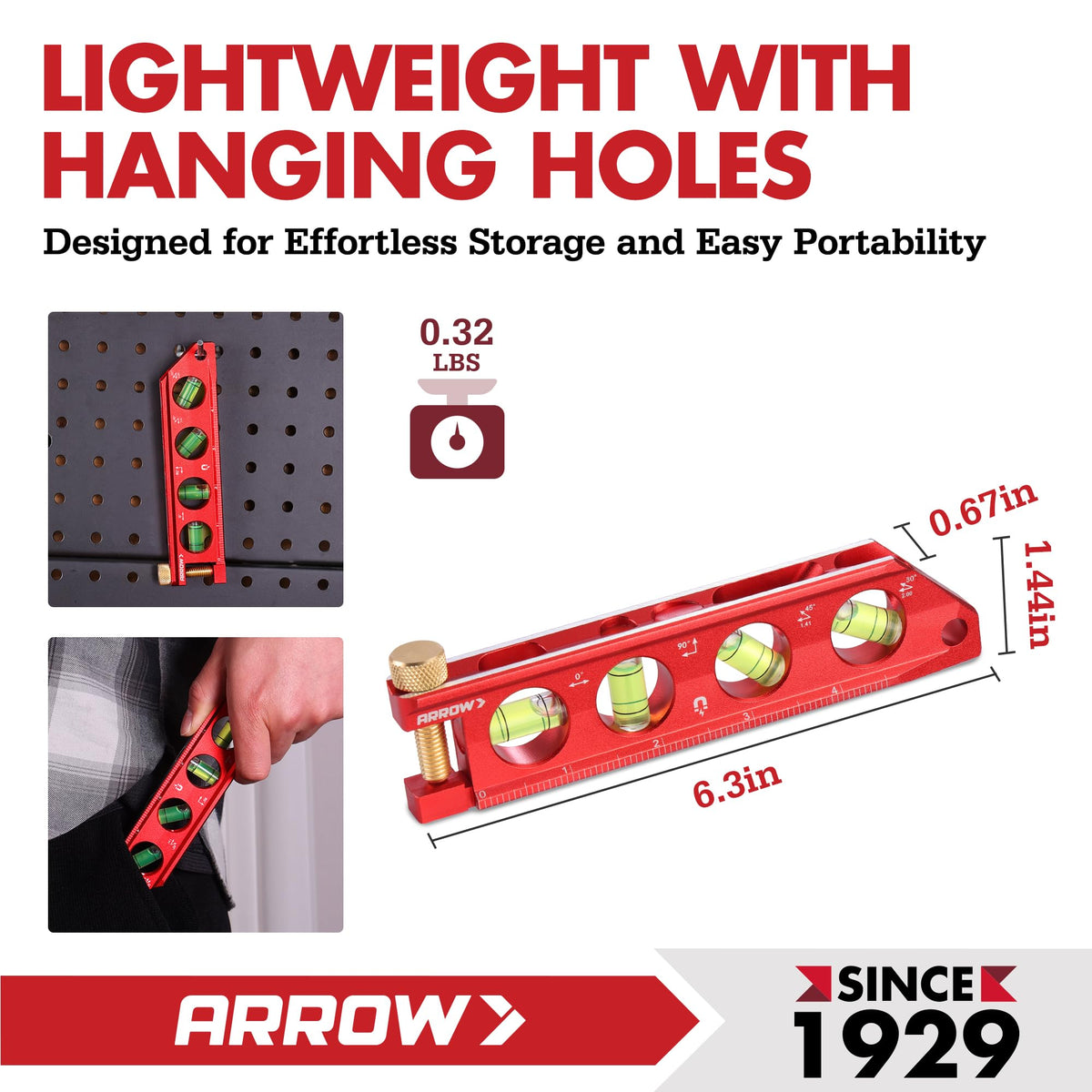 Arrow Fastener torpedo level top-view windows for easy reading from above.