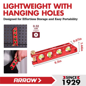 Arrow Fastener torpedo level top-view windows for easy reading from above.