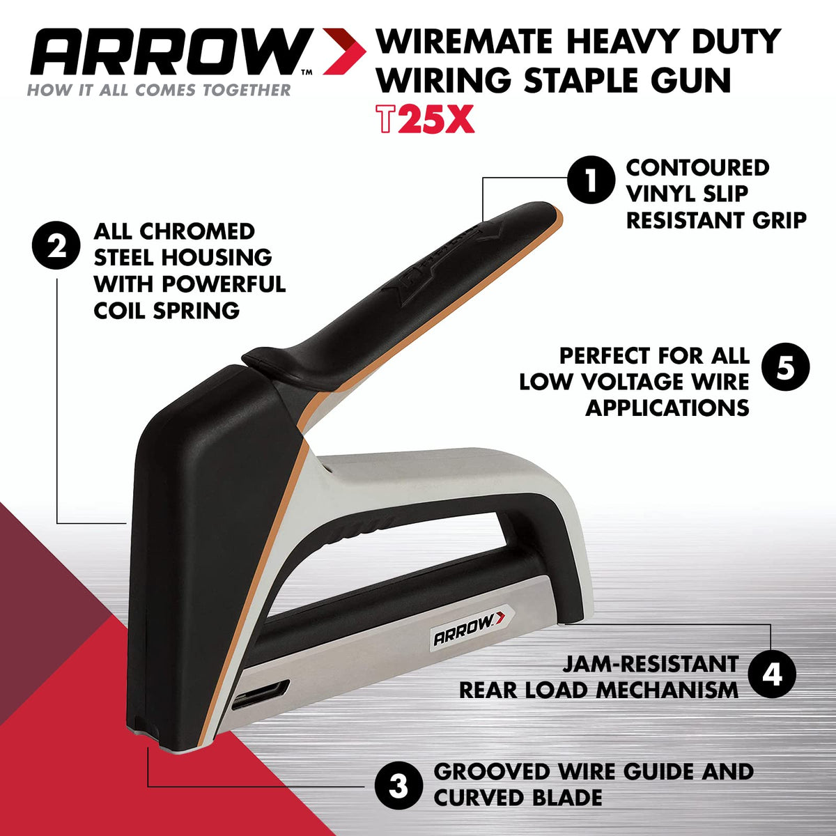 Arrow T25X with grooved wire guide ensures precise cable stapling