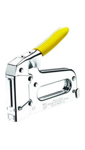 Arrow T59 rear-load magazine shown for quick staple reloading during cabling projects