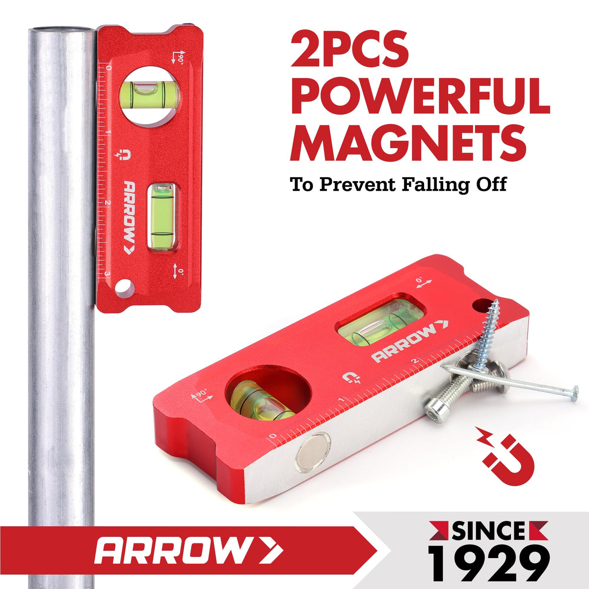 ARROW torpedo level aluminium-frame offers durable, rust-resistant construction.