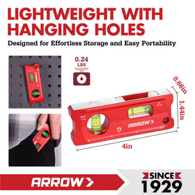 ARROW torpedo level 0°/90° vials provide clear bubble readings for layouts.