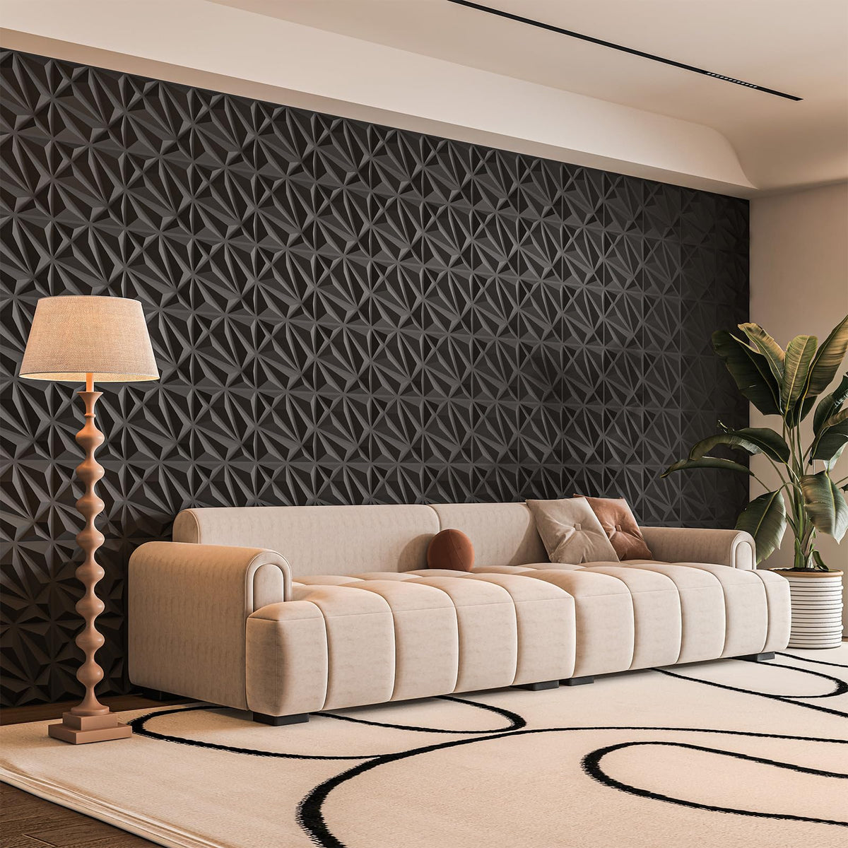 Art3d diamond-textured panels in black brighten a bedroom with modern depth.