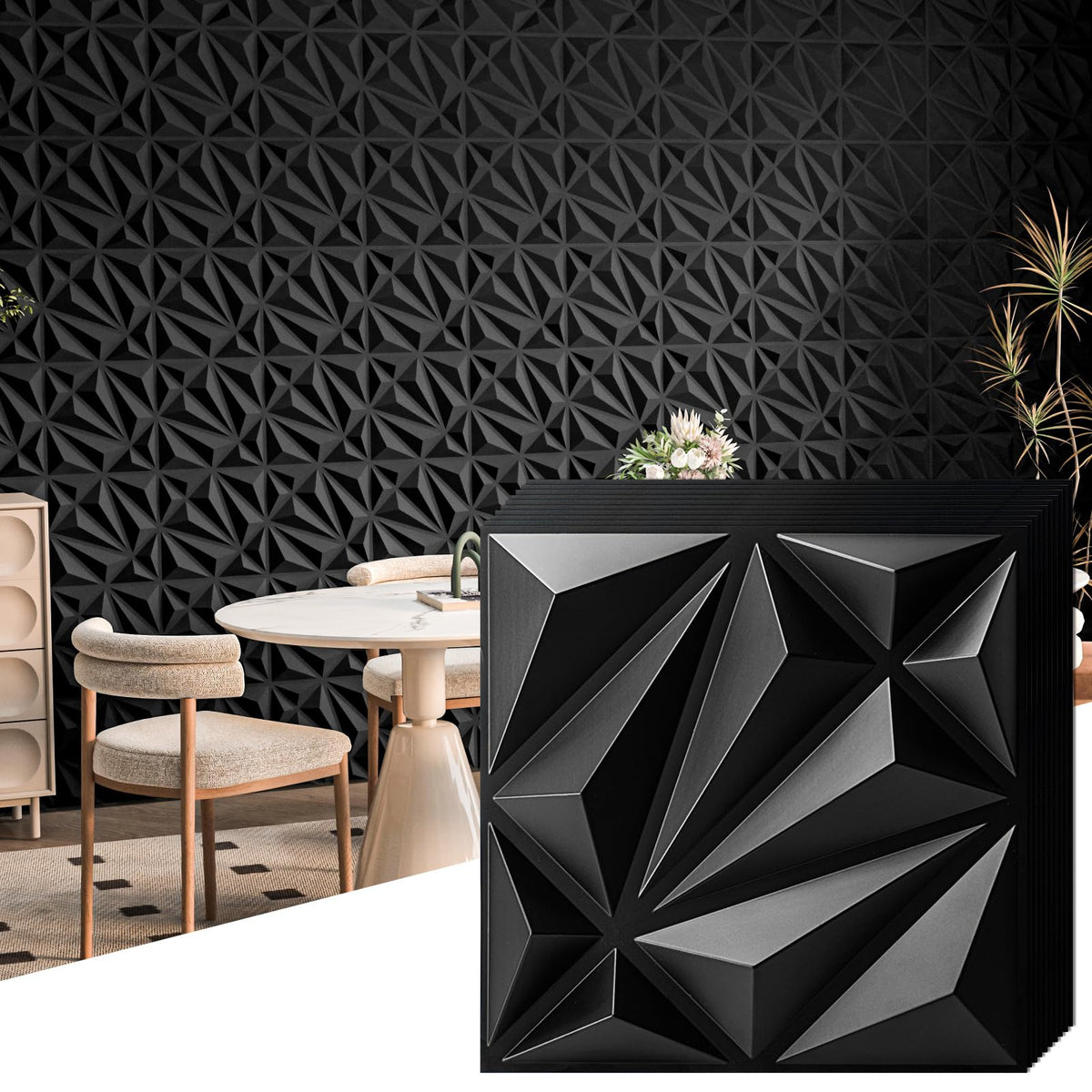 Art3d 33-pack 3D wall panels with diamond texture in black for a striking living room backdrop.