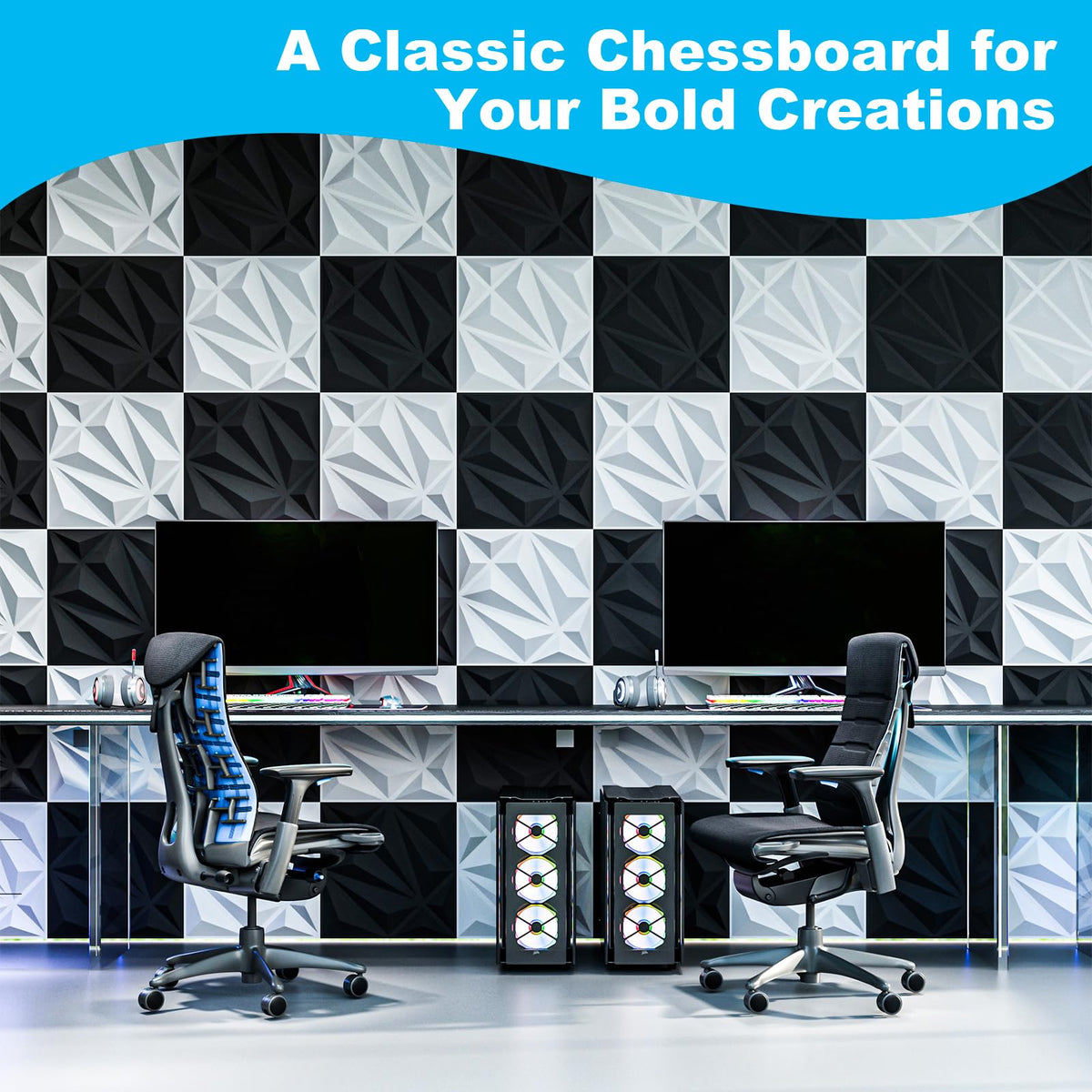Art3d black diamond tiles shown behind a TV wall for a dramatic backdrop.