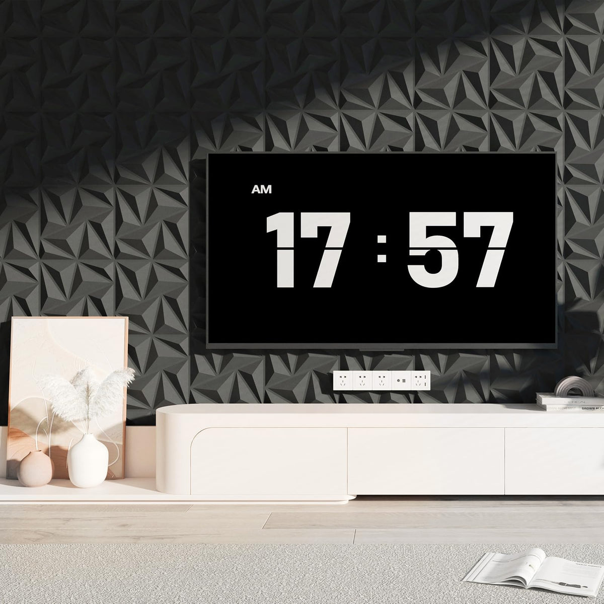 Art3d 3D wall panels finish look demonstrates bold black backdrop for decor