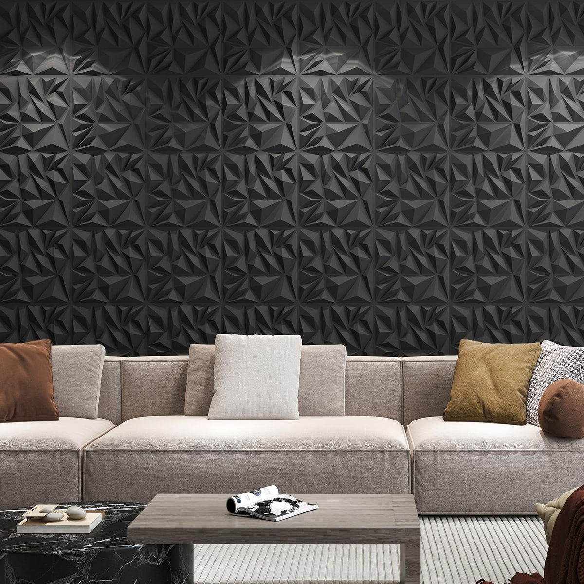 Art3d 50-pack 3D wall panels installation in living room showing easy adhesion