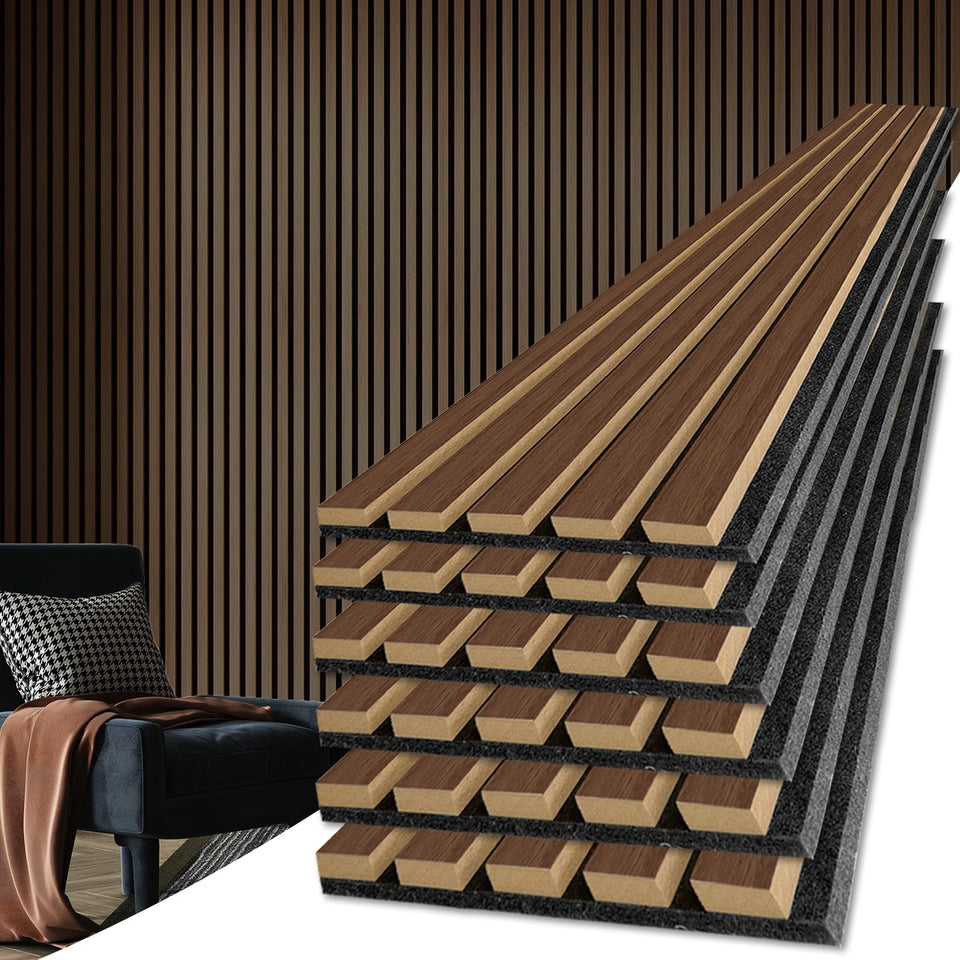 Art3d acoustic wood slat wall panels in deep walnut for stylish sound control in homes.