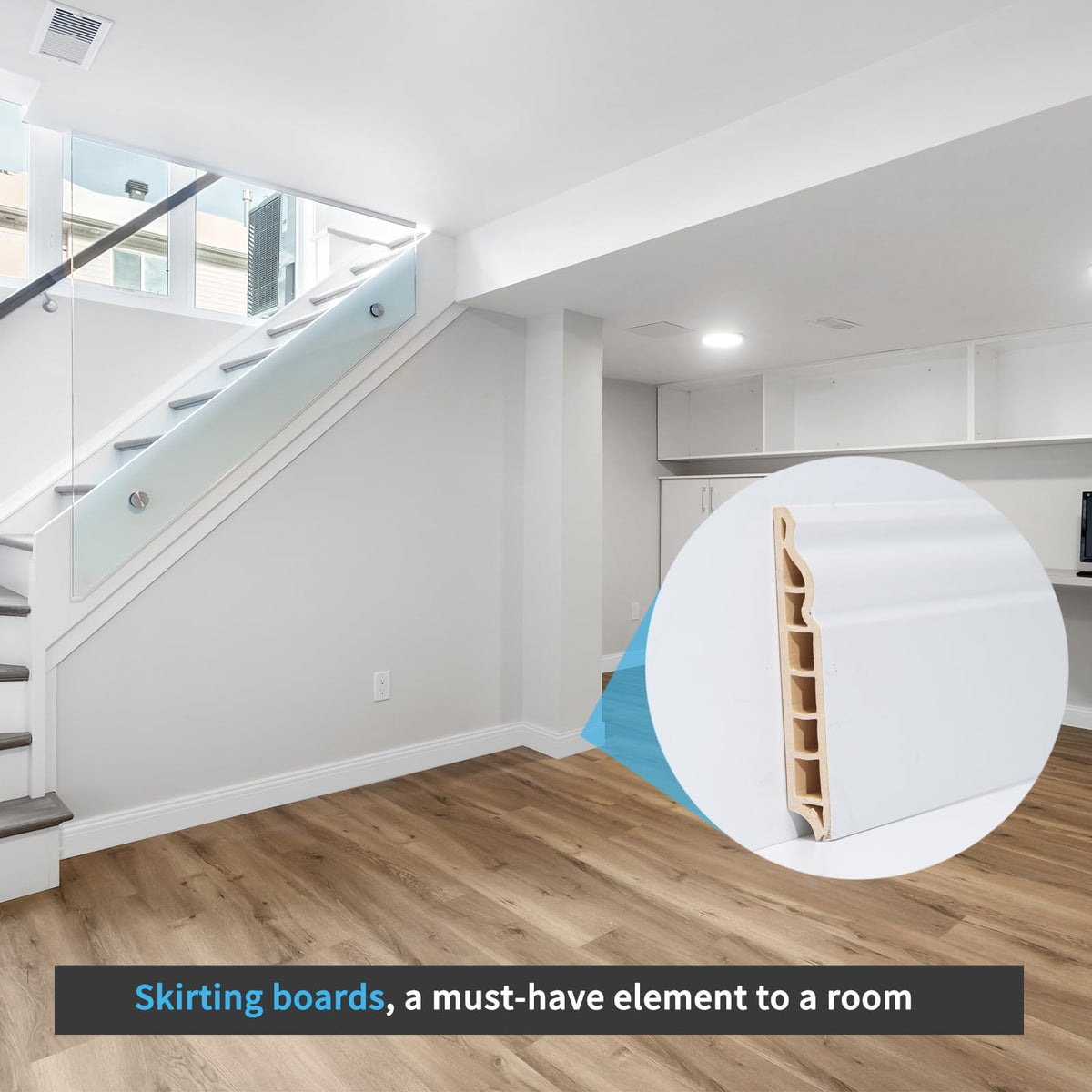 Art3d baseboard paintable surface enables color customization to suit decor.