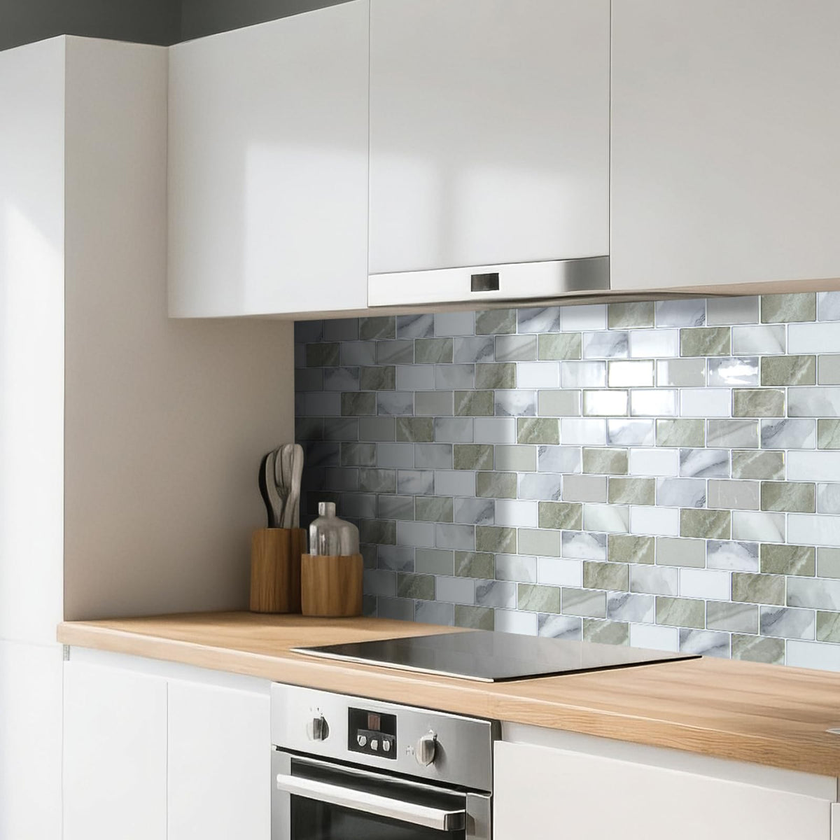 Art3d beige-white kitchen backsplash installation demonstrates easy peel-and-stick application.