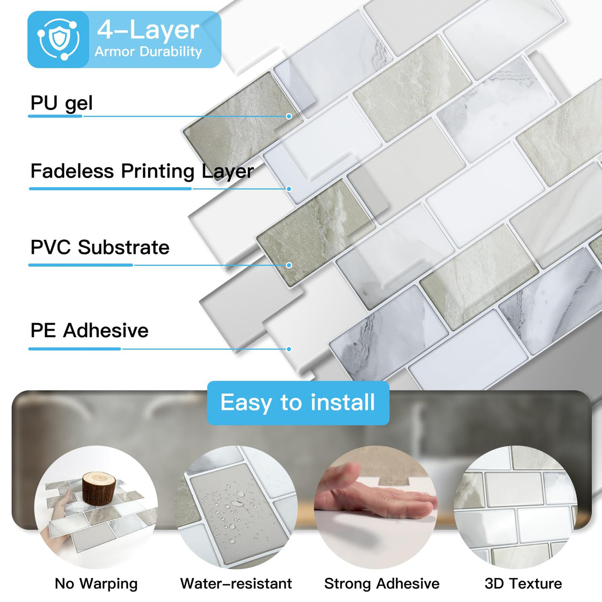 Art3d PU gel top and PET bottom detail for healthier interior surfaces.