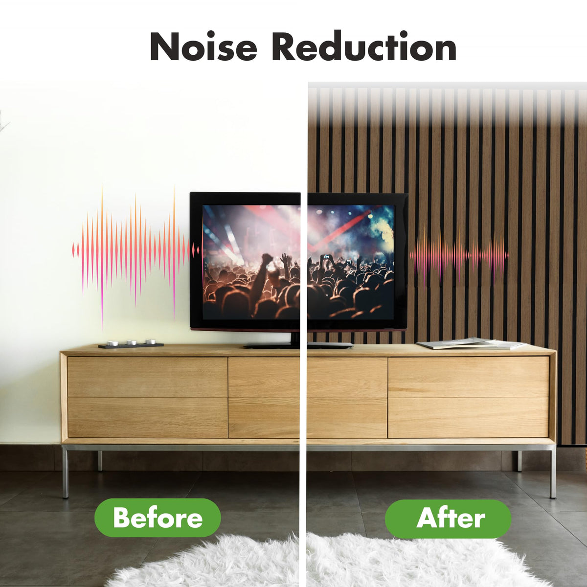 Art3d deep walnut acoustic panel adds modern warmth and sound control.