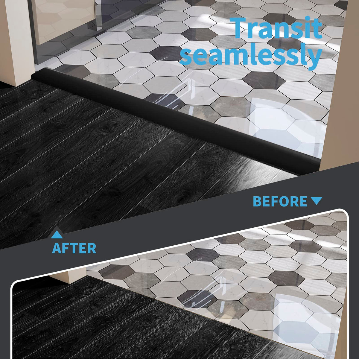 Art3d vinyl floor transition strip installed between tiles and wood.